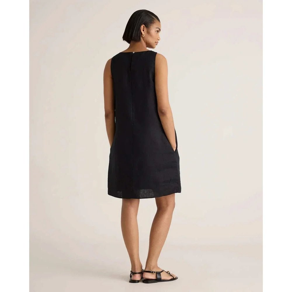Quince European Linen Tank Mini Dress Black Sleeveless Shift Pockets Medium NWT